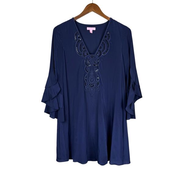 Lilly Pulitzer Tatiana Navy Sequin Silk Blend Long Bell Sleeve Mini Tunic Dress - Picture 9 of 13